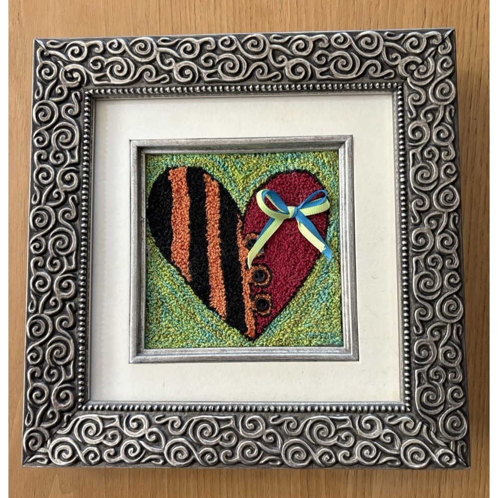 Handmade Textile Art Framed Heart Mixed Media Ribbon Button Folk Style 8x8"